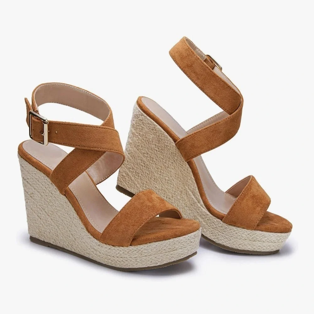 New Coutgo Women's Wedge Sandals Cross Strap Espadrille Platform Size 9 Brown